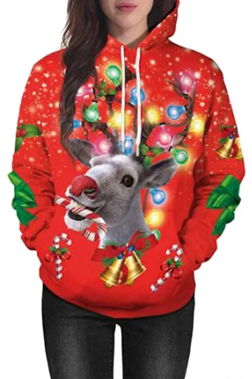 Funny Christmas Reindeer Print Hoodie Coral-elleschic