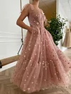 Dusty Mauve Ball Gown Dusky Rose Prom Dress Blush Pink Bridesmaid Dresses Starry Celestial Print Sparkling Star Pattern Glittering Tulle
