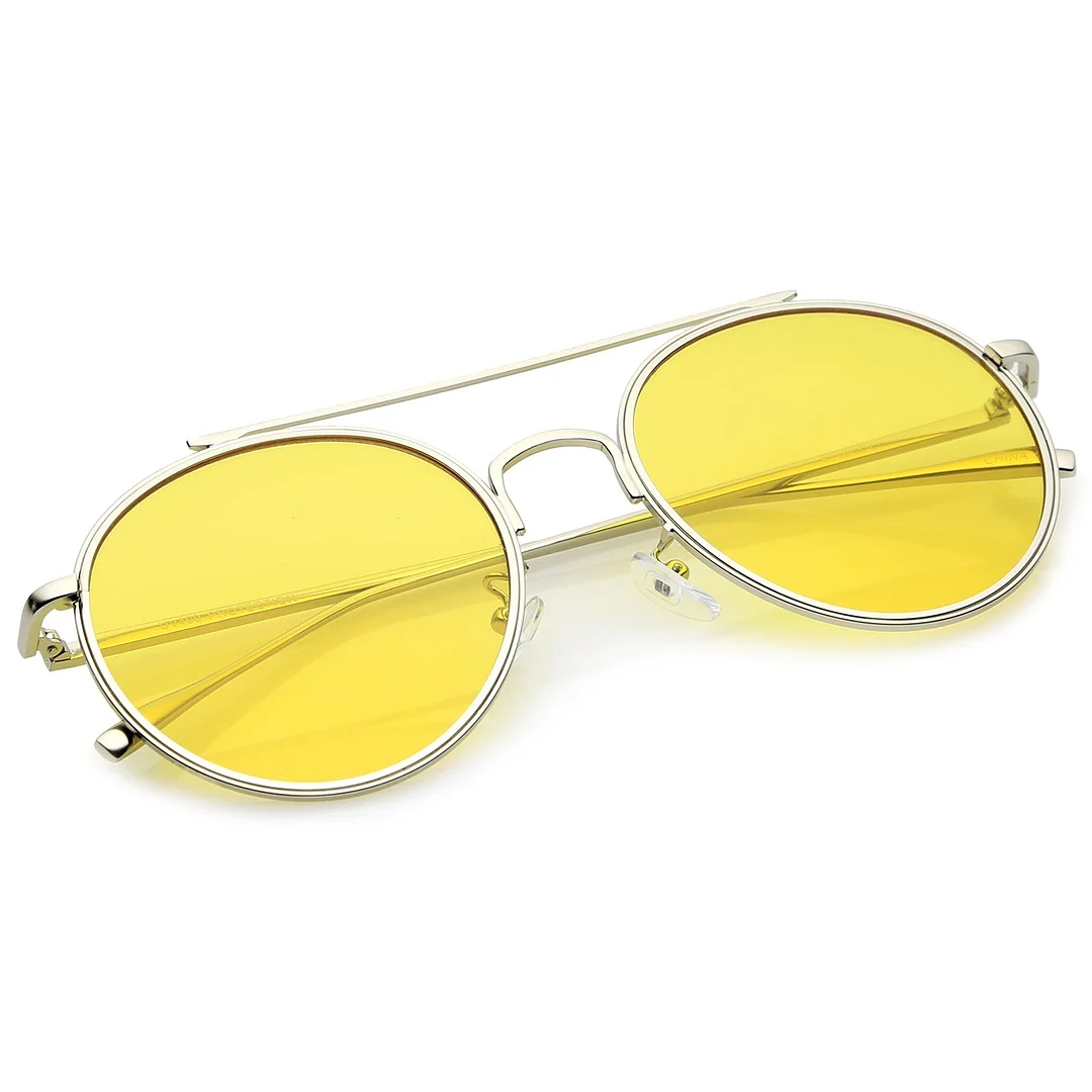 Modern Metal Crossbar Slim Temple Colored Flat Lens Round Aviator glasses 54mm