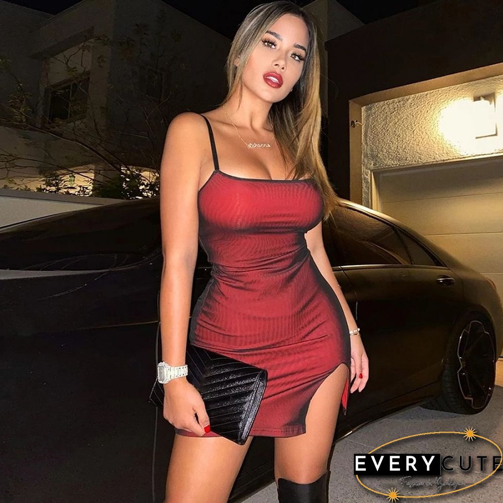 Mesh Double Layer Sexy Skinny Dress Women Sleeveless Party Bodycon Bandage Elastic Split Trend Clubwear Slim Outfit