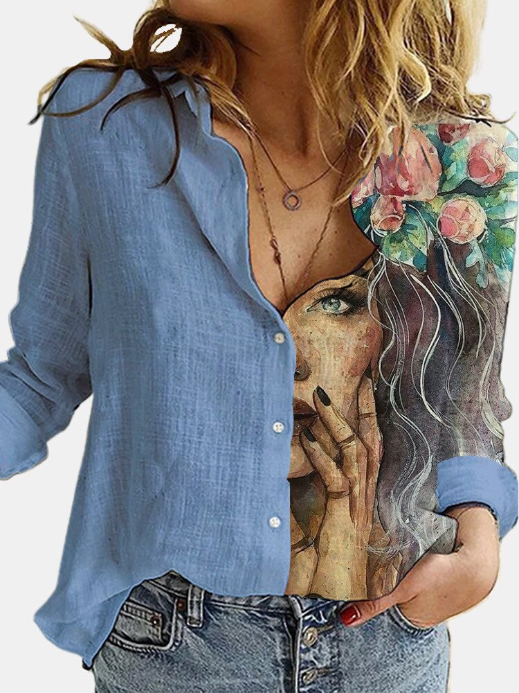 Fashion Retro Portrait Floral Print Stitching Button Long Sleeve Cotton Linen Blouses