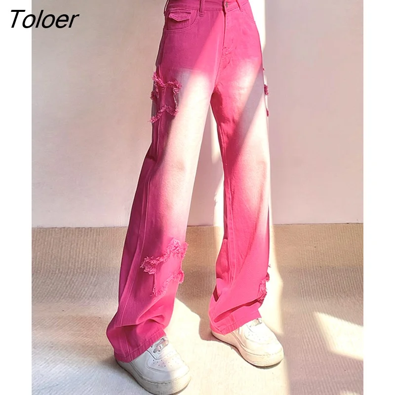 Toloer Star Patches Designs Pink Cute Y2K Low Rise Jeans Washed Tie Dye Gradient Straight Denim Pants Women Korean Streetwear