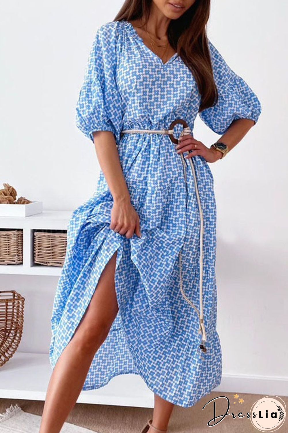 Fashion Street Print Split Joint V Neck A Line Dresses