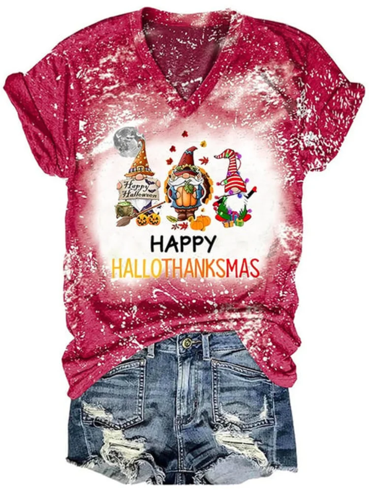 Happy Hallothanksmas Gnomes Print T Shirt