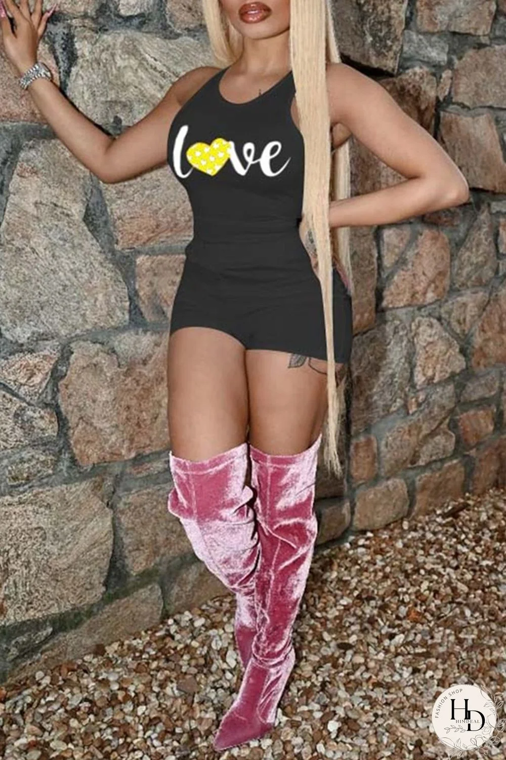 Black Fashion Casual Letter Print Basic O Neck Sleeveless Two Pieces