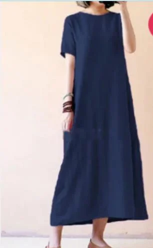 Women Summer Short Sleeves Maxi Dress Tunic Cotton Linen Solid Color Casual Loose Party Long Dresses Plus Size