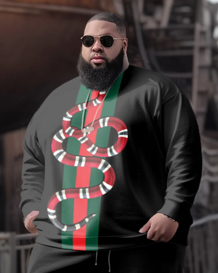 Men's Plus Size  Red And Green Color Matching Python Sweatershirt Two-Piece Set