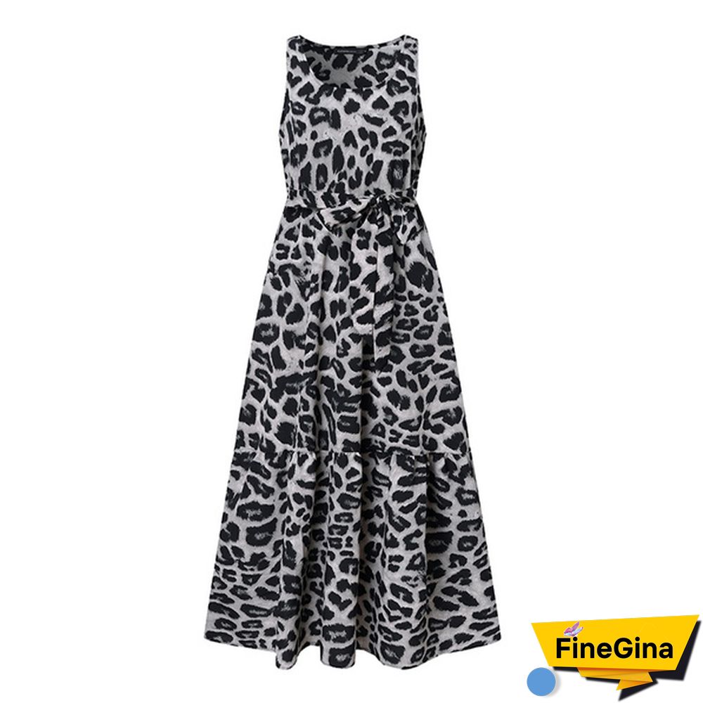 Women Summer Leopard Print Sleeveless Swing Long Dress Casual Fashion Loose Holiday A-line Dress Plus Size Vestidos