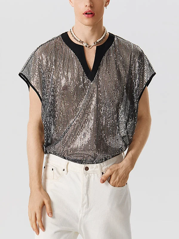 Aonga - Mens Sequined Mesh See Through V-Neck T-Shirt