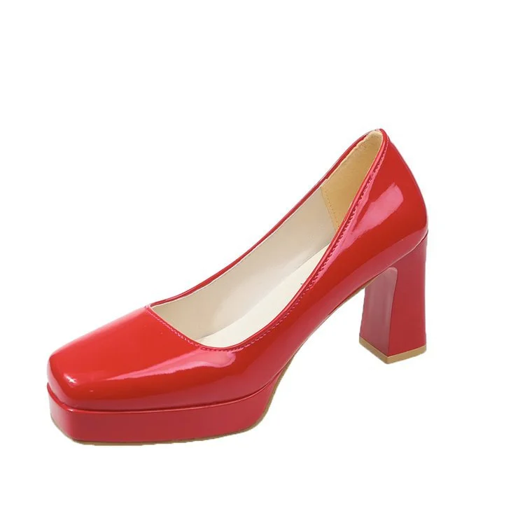 Churchf Churchf Size Square Head High Heels Fashion Waterproof Platform Women's Fashion Cover Foot Bright Skin Thick Heel Work Single Shoes