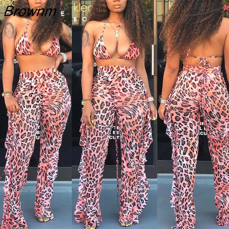 Brownm Tie Dye Print Mesh Summer Beach Two Piece Set with Panties Women Sexy Bra Halter Crop Top Ruffle Wide Leg Pants Suit