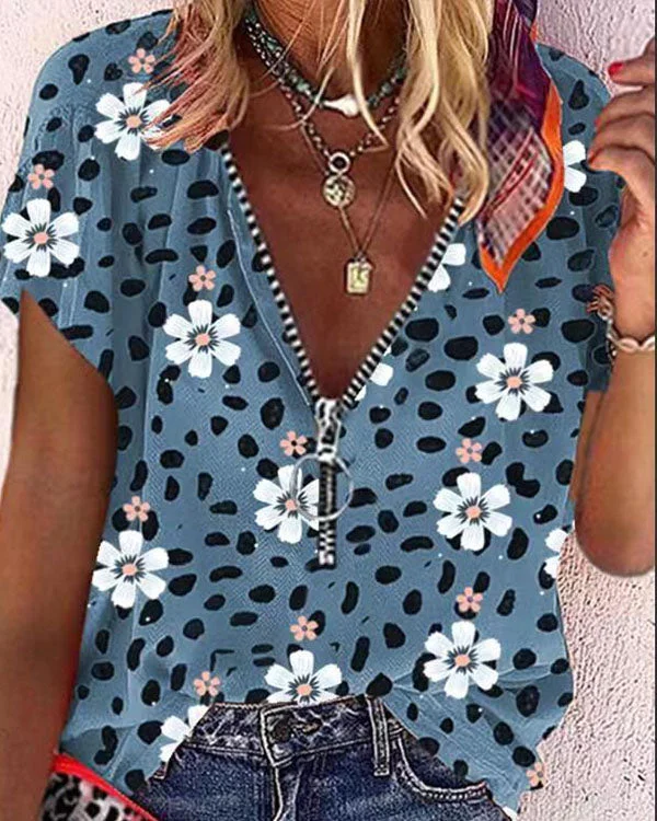 Women's Casual V-Neckline Zipper Leopard Multiflora Blouses