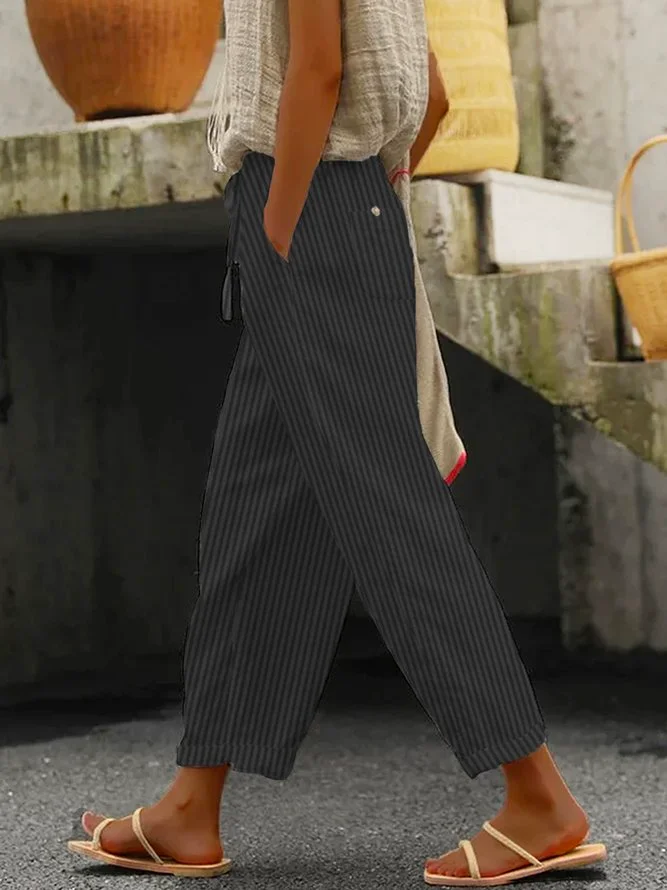Women Casual Plain Striped Pockets Drawstring Waist Pants