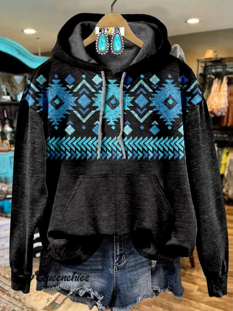 Blue And Black Aztac Print Casual Hoodie Sweatshirt Multicolor / S