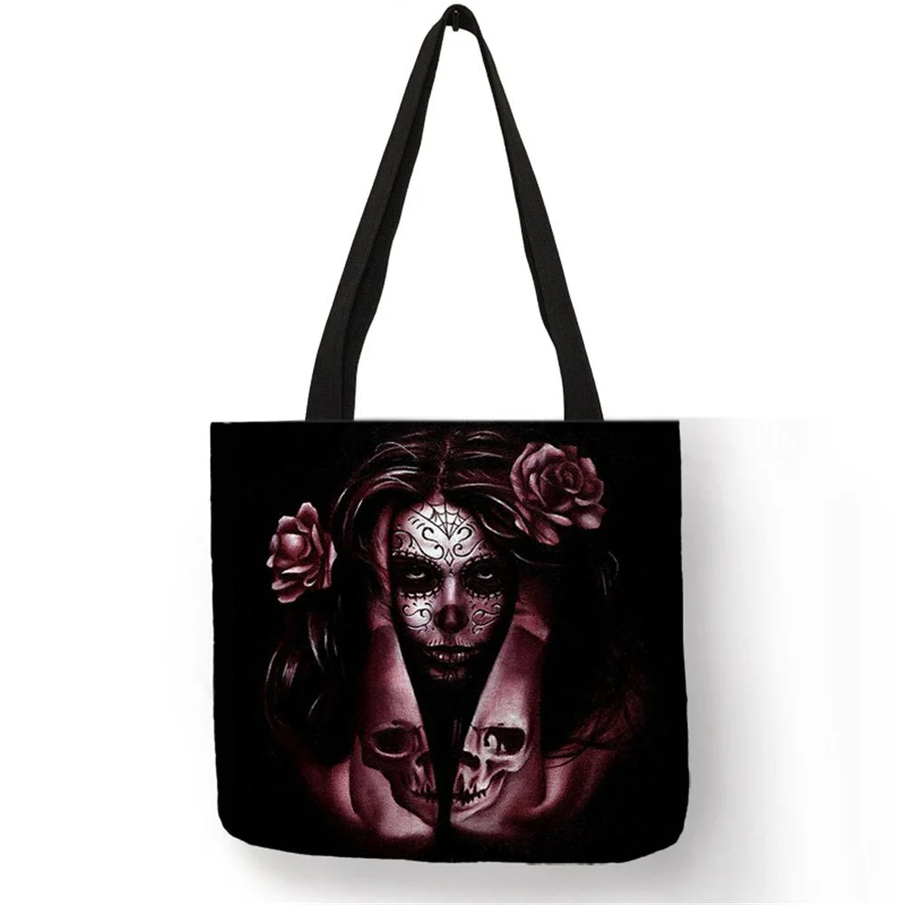 Casual Handbag in Woman Totes Skull Art Tatoo Horror Image Linen Daily Life Work Travel Portable Shoulder Bag All Seasons