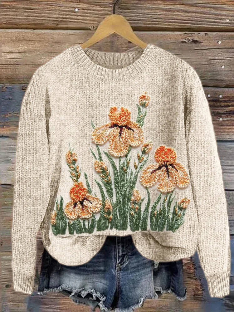 VChics Irises 3D Embroidery Art Cozy Knit Sweater