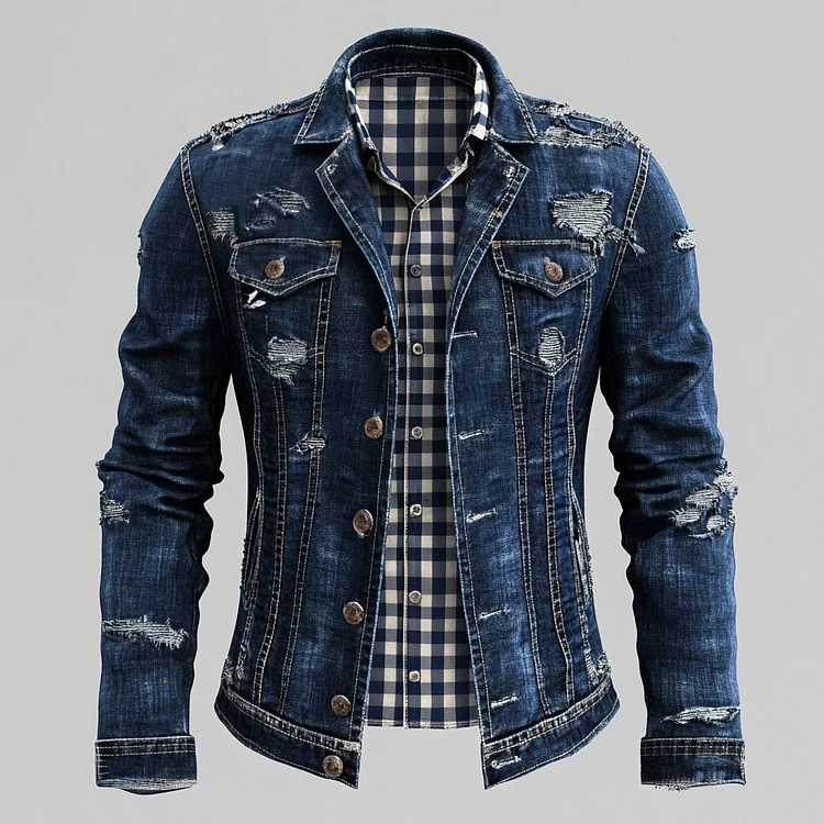 Men's Lapel Collar Single Breasted Long Sleeve Ripped Denim Jacket
