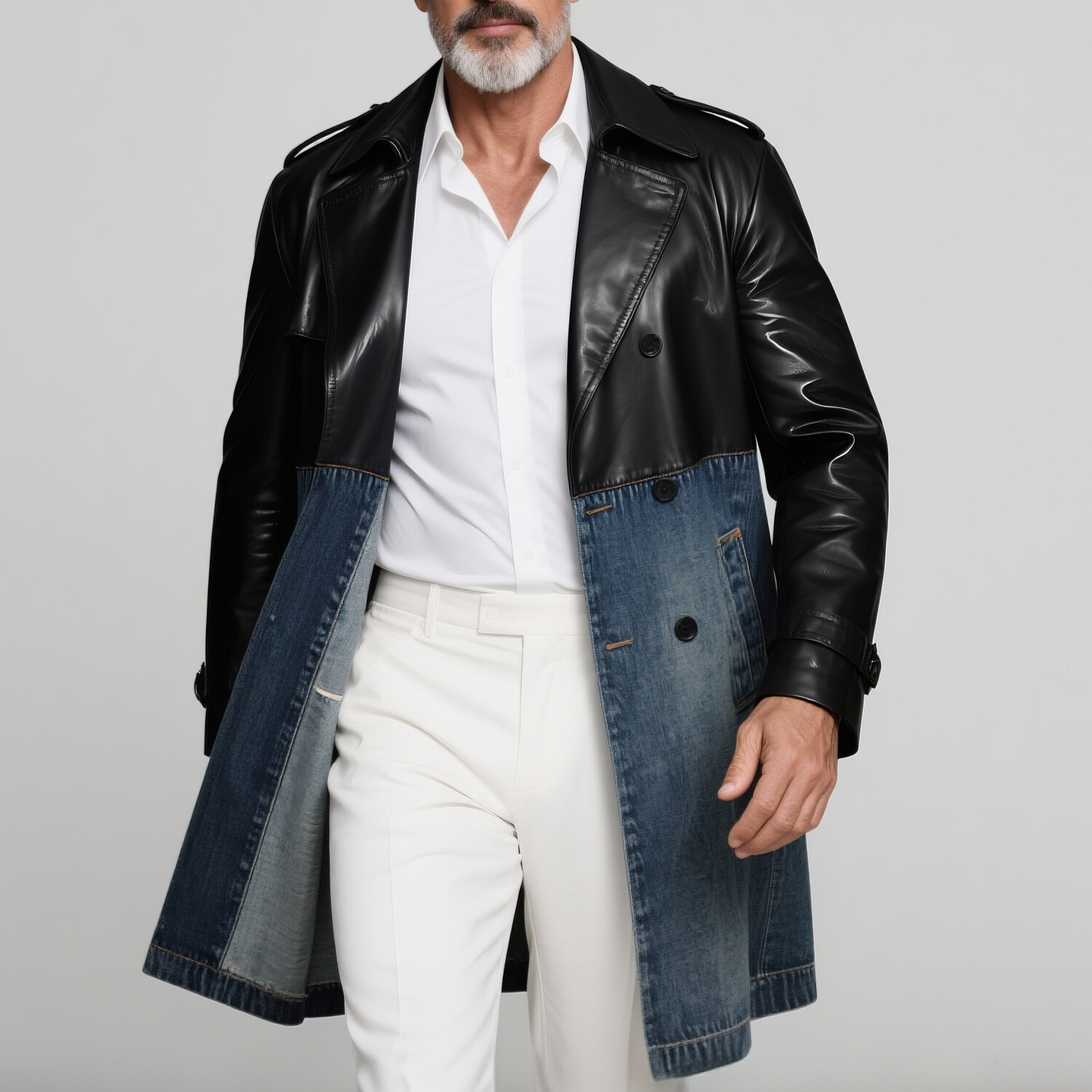 Men's Fashion PU Leather Patchwork Denim Lapel Double Breasted Slant Pocket Mid-Length Trench Coat