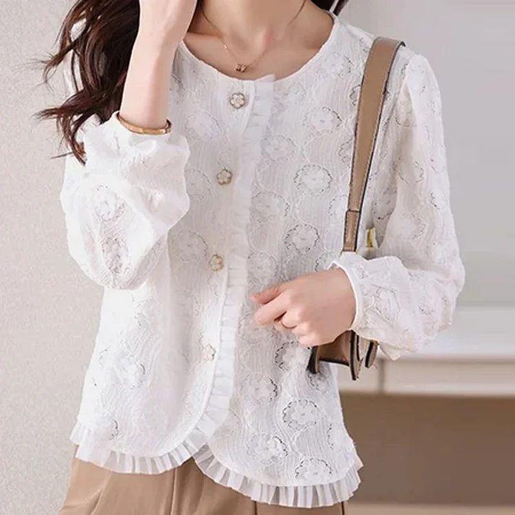 White Long Sleeve Shift Lace Shirts & Tops QueenFunky
