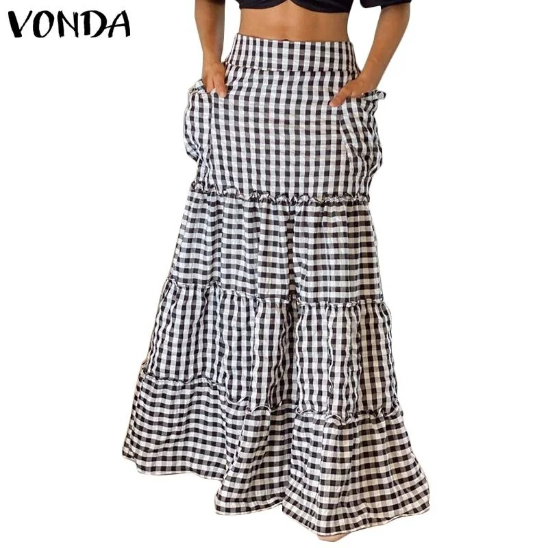 Plaid Skirts VONDA 2022 Autumn Vintage Printed A-line Skirt Faldas De Mujer High Waist Ruffled Skirts Oversize Streetwears