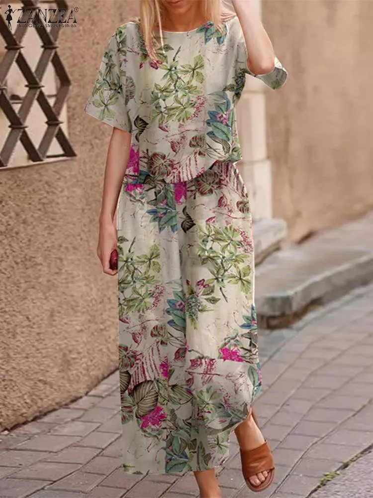 Summer Short Sleeve Blouse Suits ZANZEA 2PCS Women Vintage Floral Printed Urban Tracksuit Casual Loose Pants Sets Matching Sets