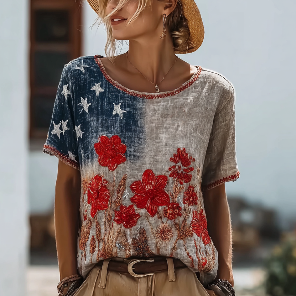  Women's Retro American Flag Element Plant Flower Embroidery Design Short Sleeve T-shirt Westsshops