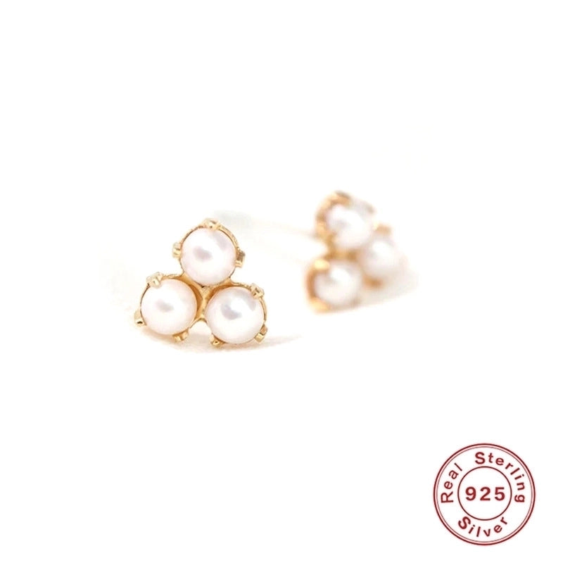 1 Pair 925 Sterling Silver Pearl Zircon Geometric Ear Studs