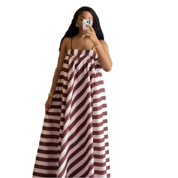 Diagonal Stripe Off Shoulder Spaghetti Strap Maxi Dress Loose Flowy Casual Campus Daily Dress