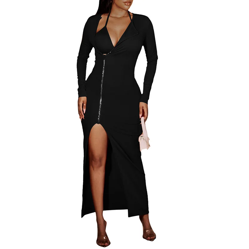Uveng Uveng Women's Wear Temperament Fashion Pure Color Sexy Slim Slit Long Sleeve Winter Dress