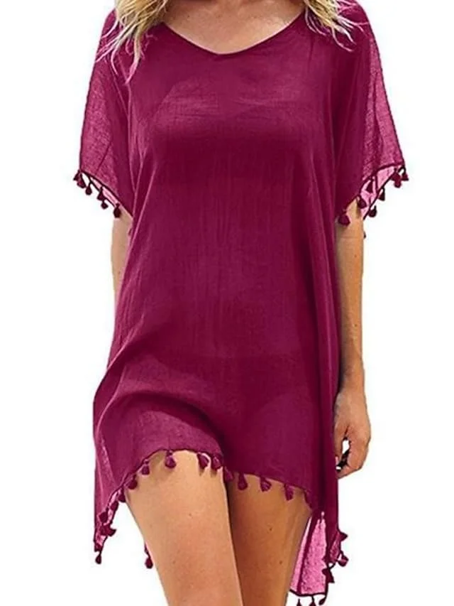 Ladies Swimwear Cover Up Ruffle Tassel Solid Color Beach Dress Swimsuit