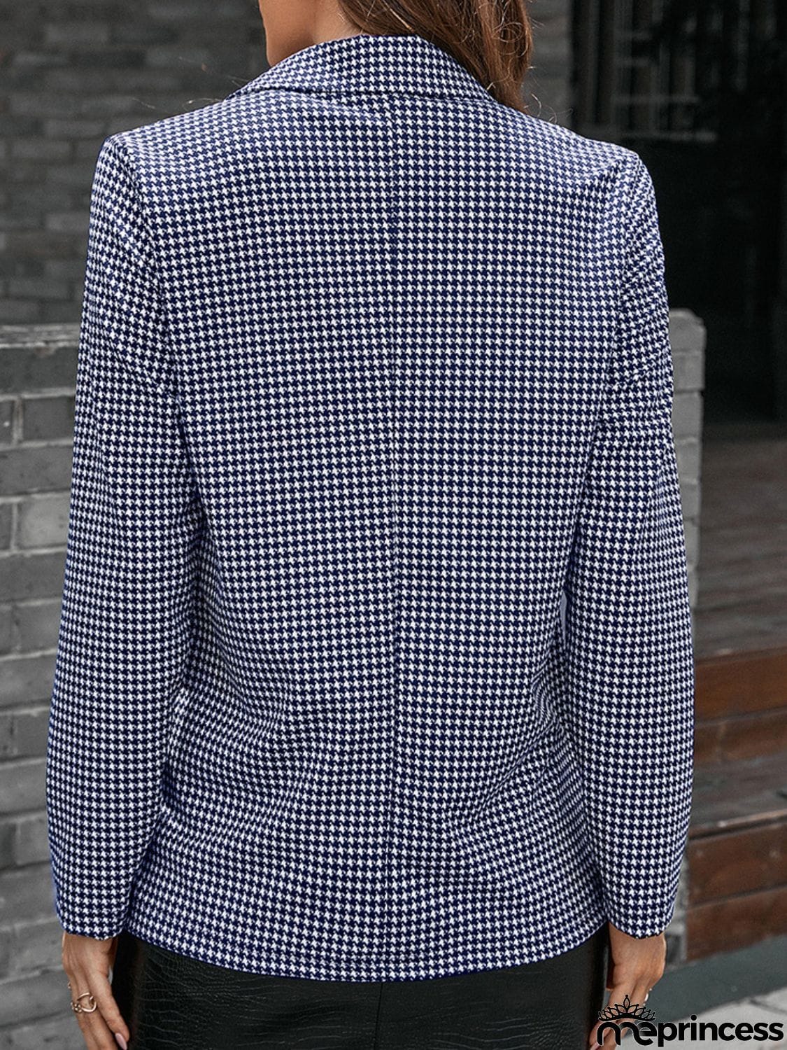 Houndstooth Lapel Collar Long Sleeve Blazer