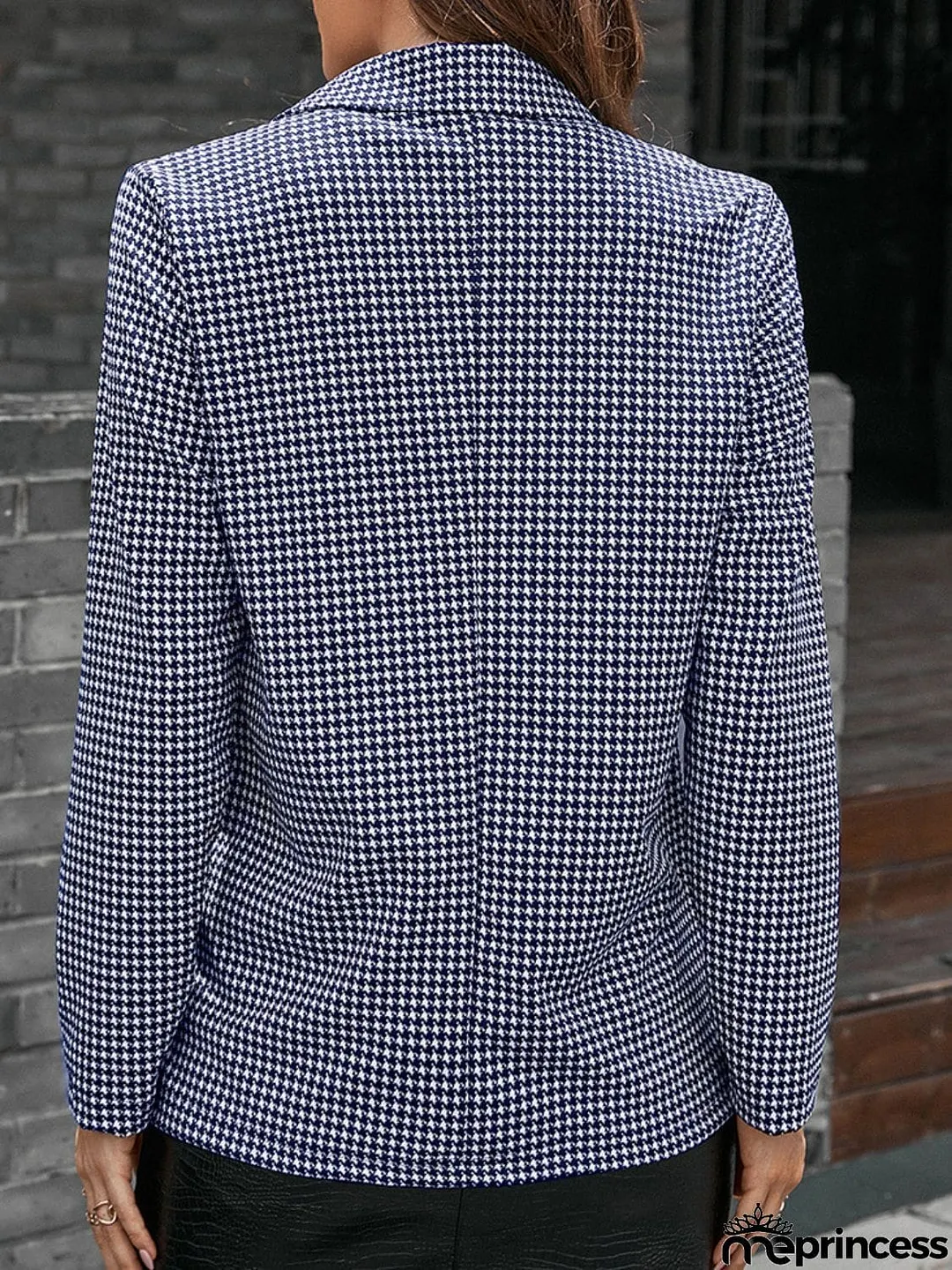 Houndstooth Lapel Collar Long Sleeve Blazer