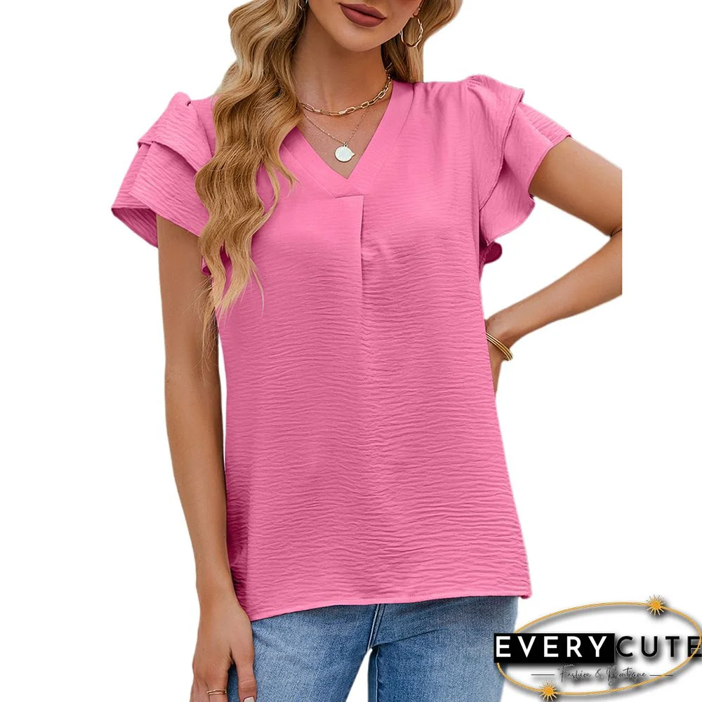 Dark pink Chiffon V-neck Ruffled Short Sleeve Top