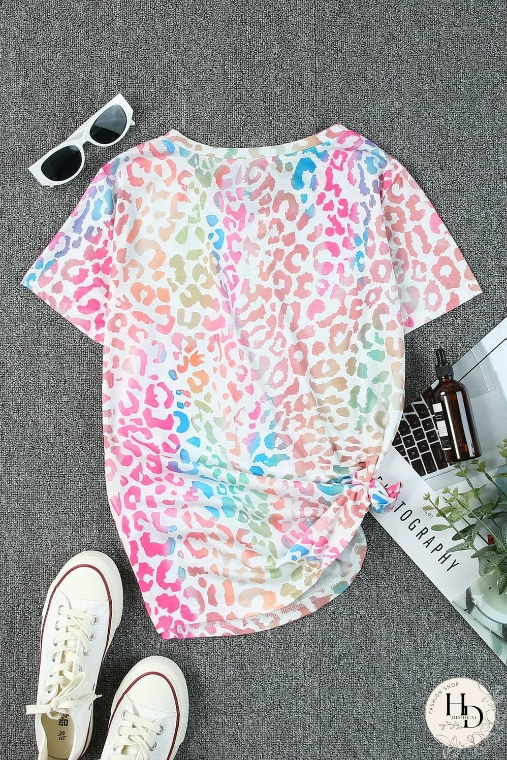 Colorful Leopard Print V Neck Tee for Stylish Summer Looks