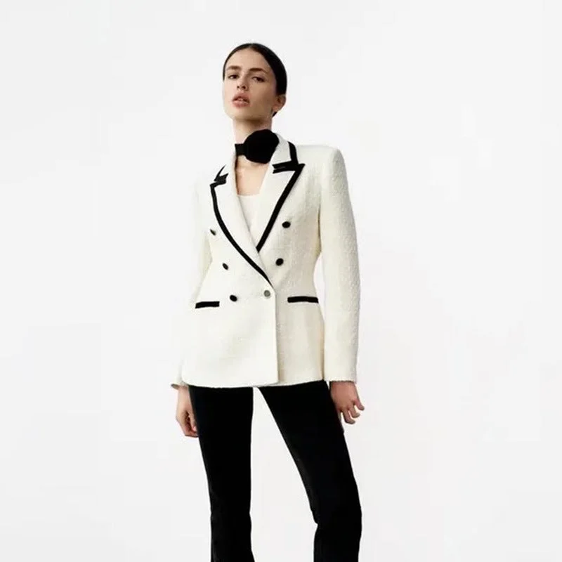 Female Temperament Goddess Style Contrast Color Trim White Texture Suit Coat | EGEMISS