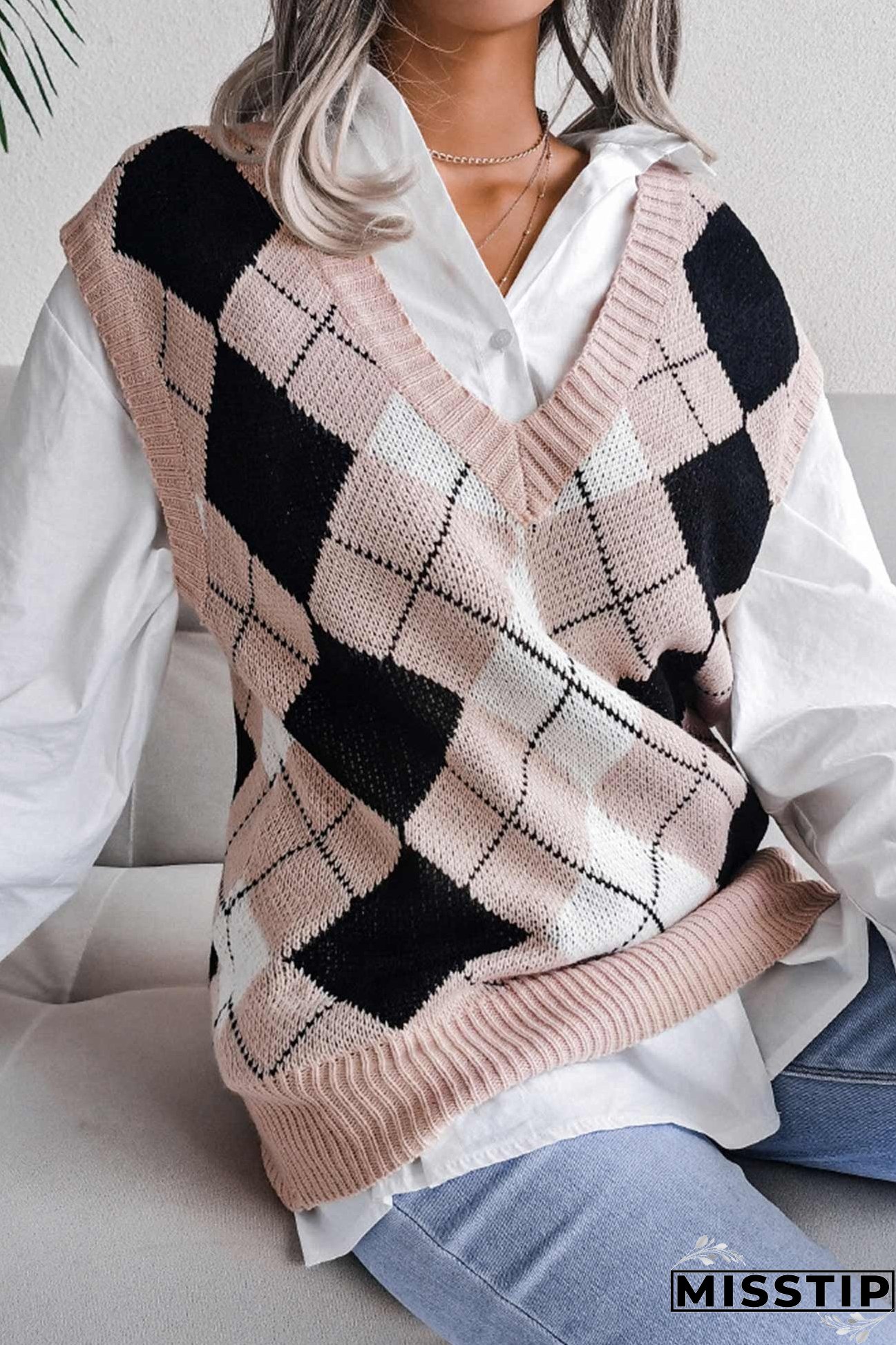 V Neck Checked Knit Tank Sweater