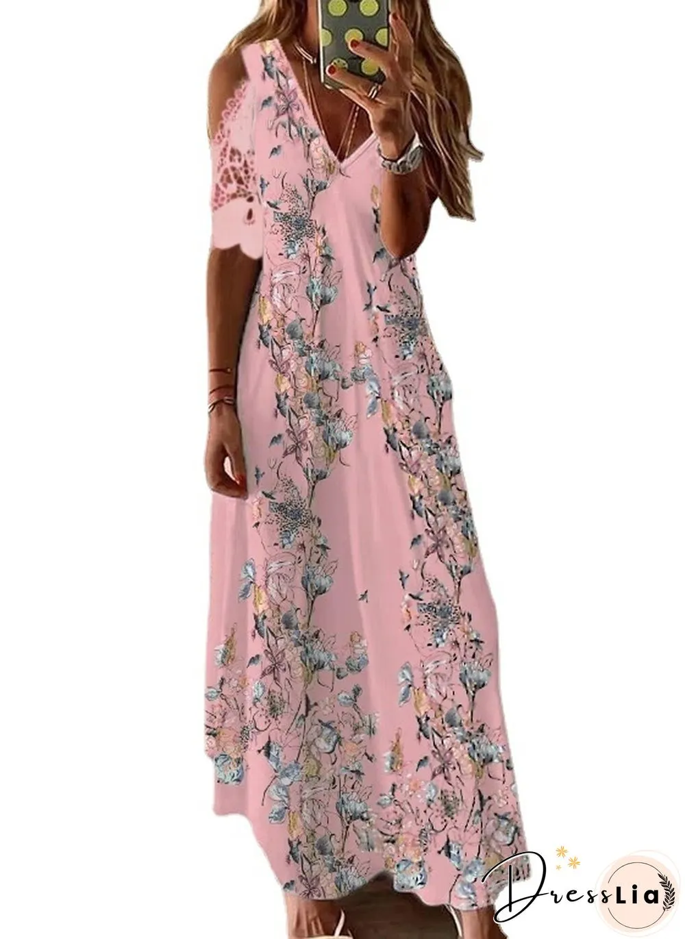 Long Bohemian Dress with Short Sleeve Lace Printing Black Dresses
