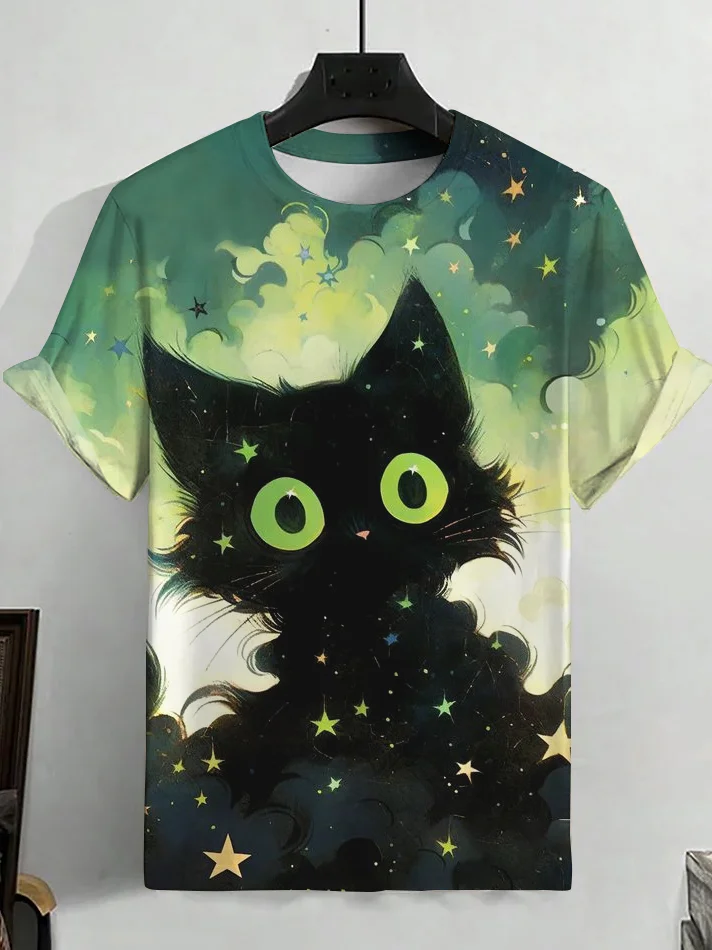 Men's Cute Black Cat Stars Art Printed Casual T-Shirt