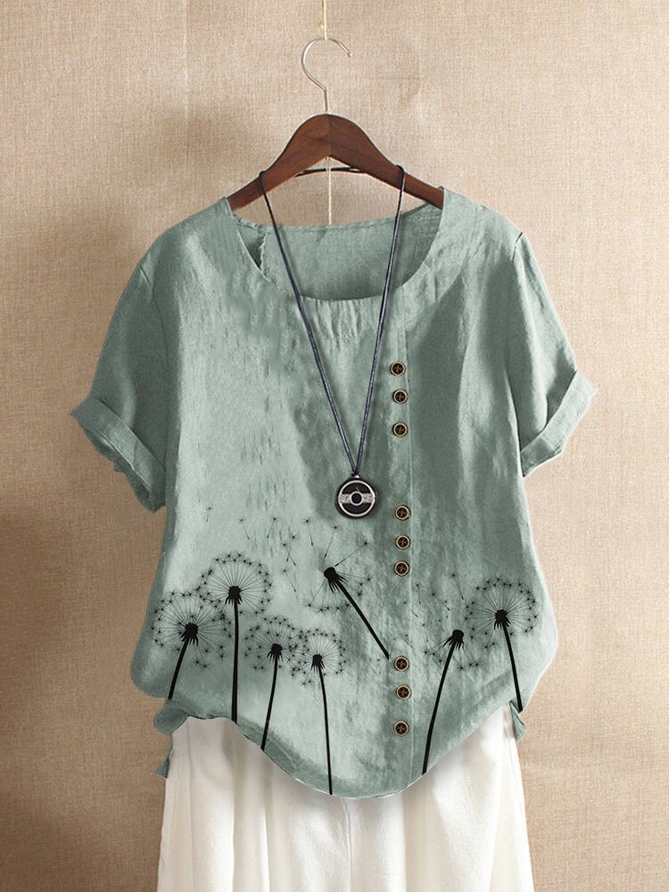 Calico Print O neck Short Sleeve Button Casual T Shirt For Women P1834226