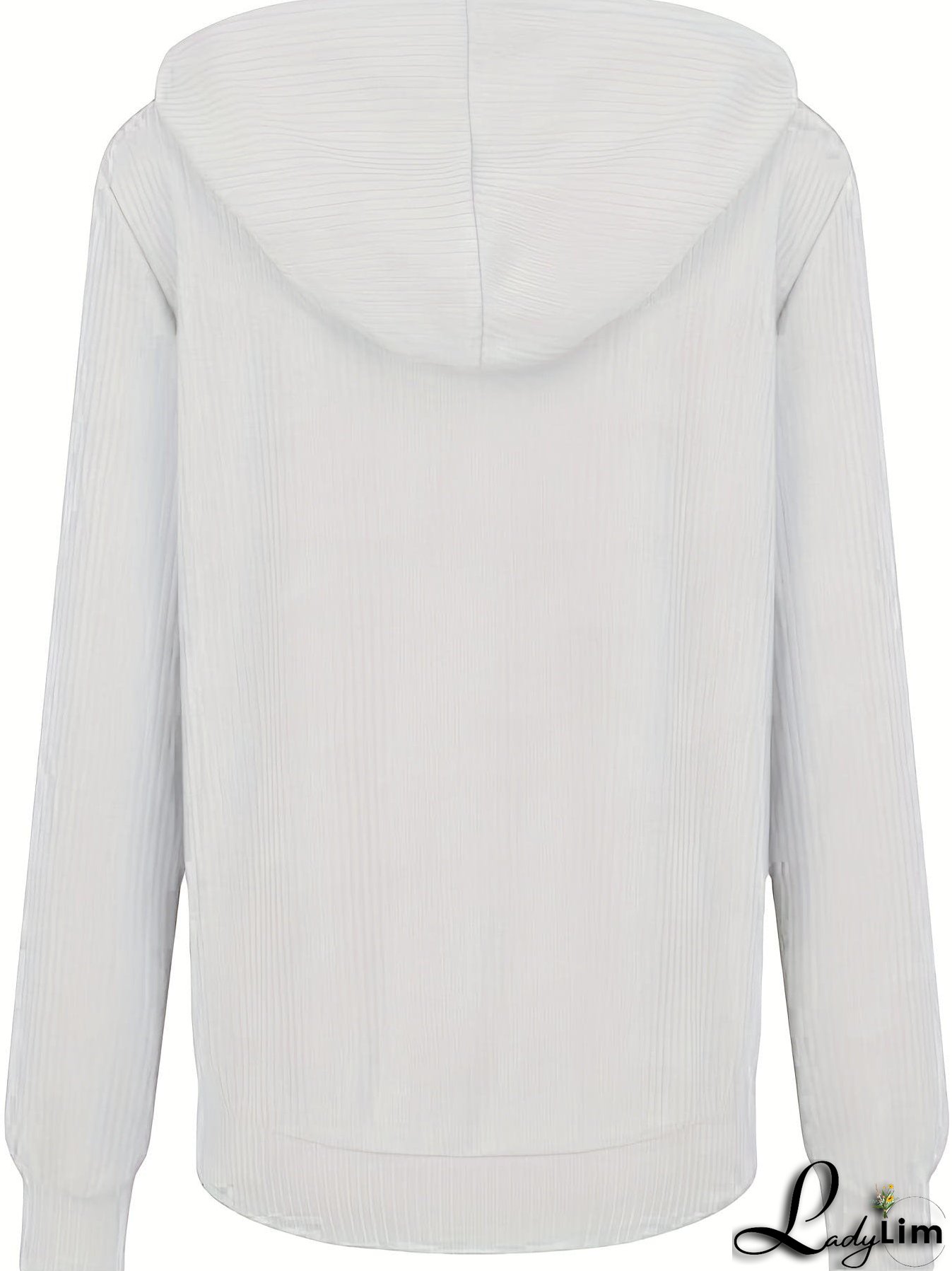 Plus Size Casual Coat, Women's Plus Solid Ribbed Zip Up Long Sleeve Drawstring Hoodie Sweater