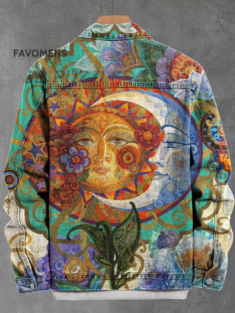 Vintage Hand Drawn Illustration Of Sun And Moon World Art Print Casual Denim Jacket Multicolor / S