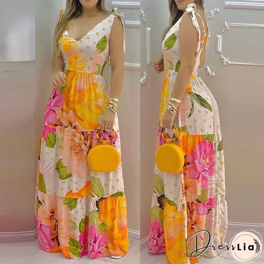 Women's Elegant Floral Print Sleeveless V-neck Dress Maxi Summer Holiday Dress Dresses Length Sleeve Style Sleeve Length(cm) Age