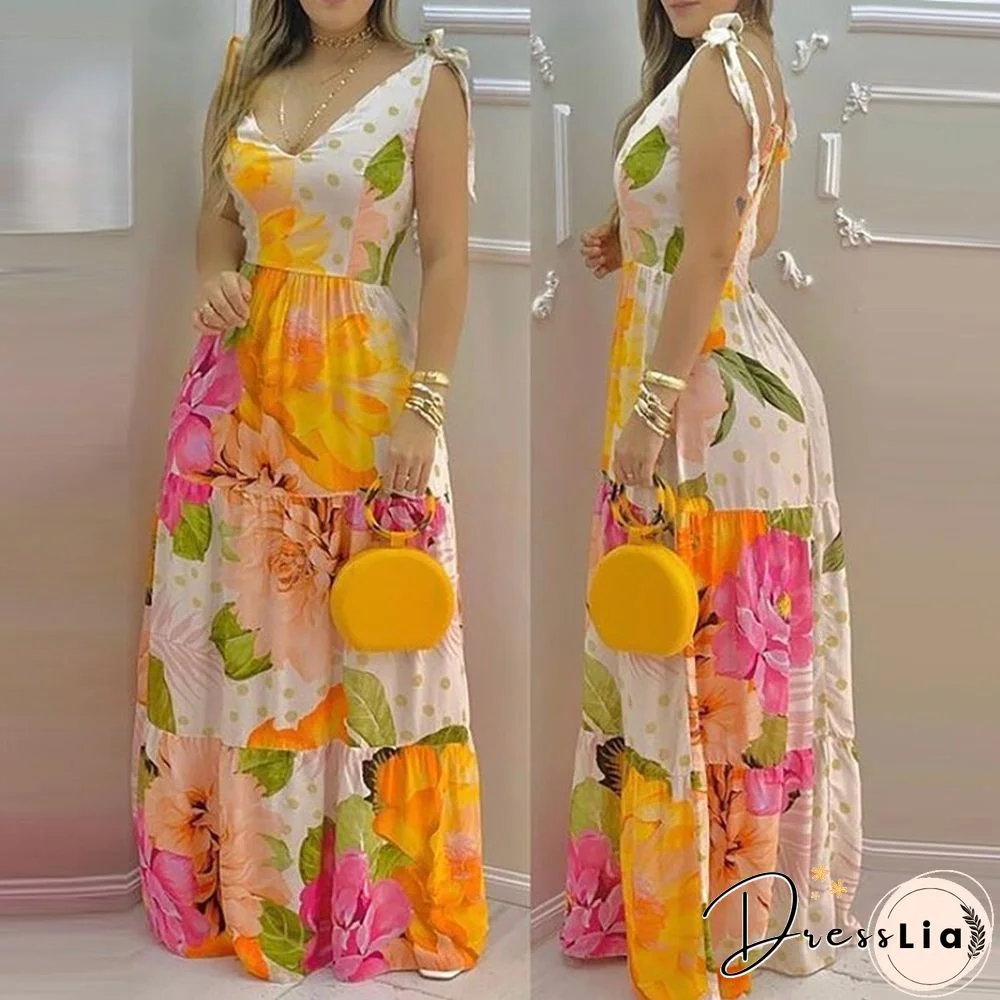 Women's Elegant Floral Print Sleeveless V-neck Dress Maxi Summer Holiday Dress Dresses Length Sleeve Style Sleeve Length(cm) Age