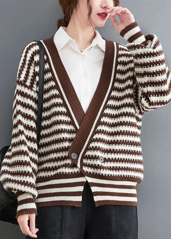 Boho Coffee V Neck Striped Cozy Knit Coat Outwear Spring