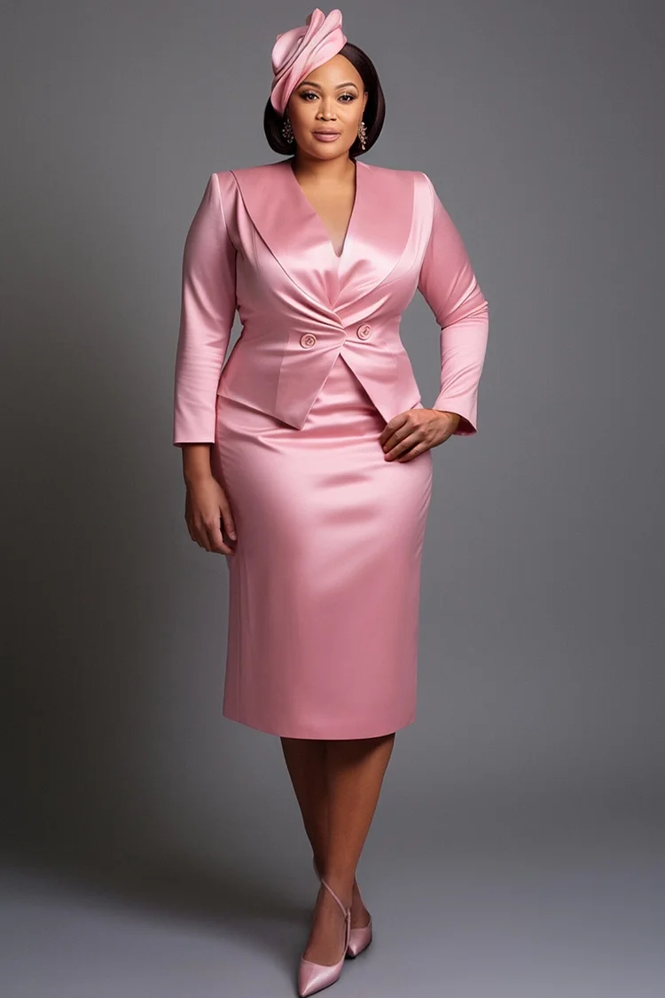 Xpluswear Design Plus Size Churchs Pink Turndown Collar Long Sleeve Bodycon Elegant Split Satin Two Piece Skirt Sets [Pre-Order] 2024 - Xpluswear