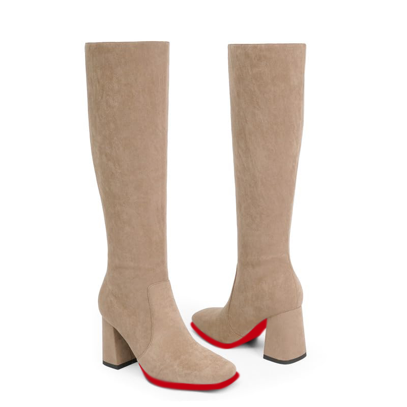 95mm Women's Knee Boots Red Bottom Block Chunky Heels Zipper Fashion Sexy Daily Matte Boot-MERUMOTE