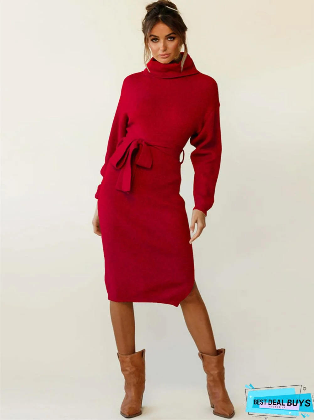 Solid Color Long Sleeved Knit Turtleneck Dress