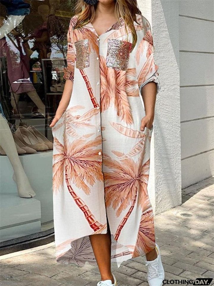 Ladies Fashion Sexy Print V- Neck Long Vintage Dresses