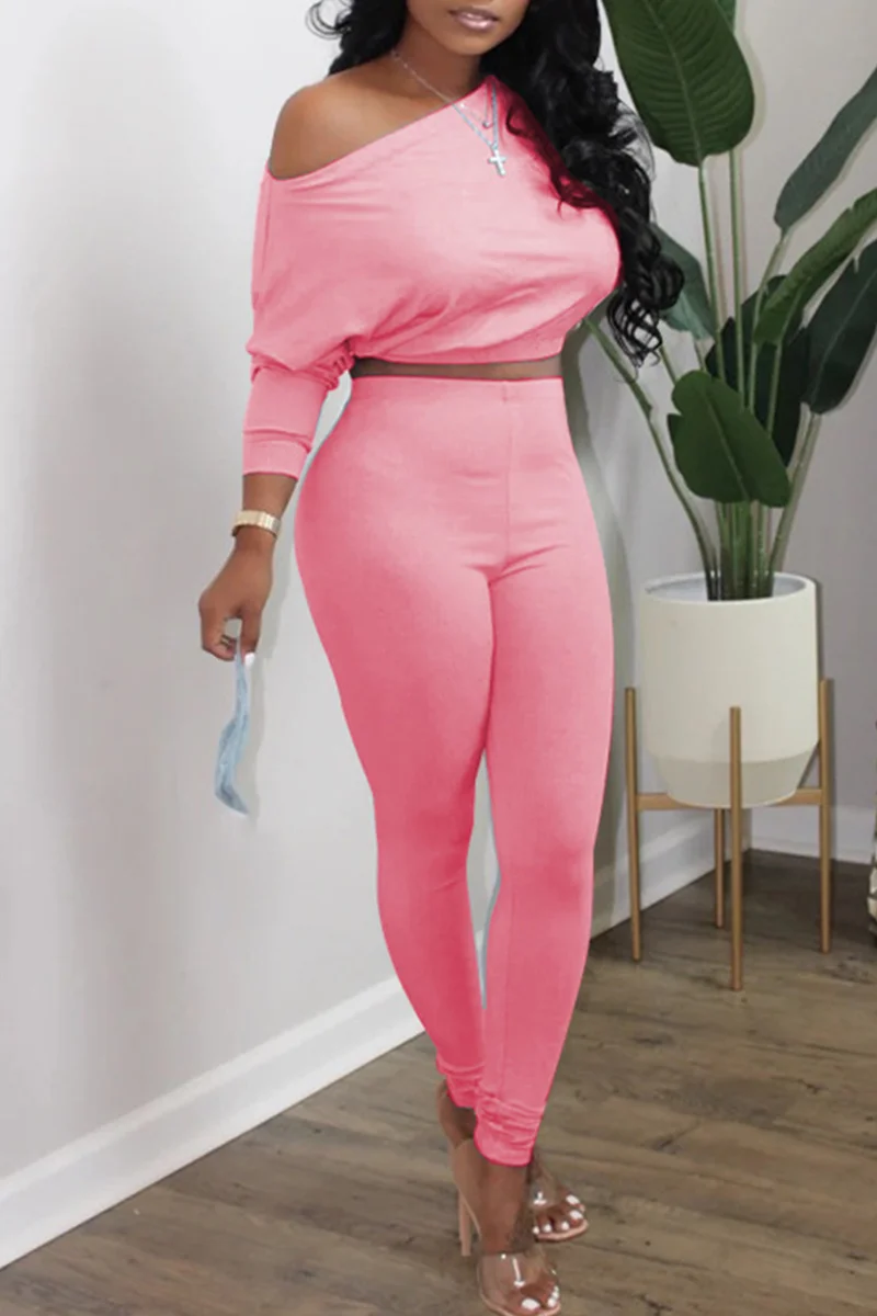 Pink Fashion Casual Solid Basic Oblique Collar Long Sleeve Two Pieces | EGEMISS