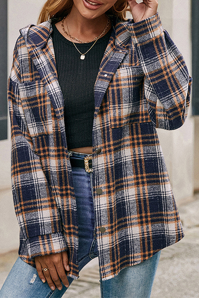 Casual Plaid Pocket Buckle Hooded Collar Outerwear
